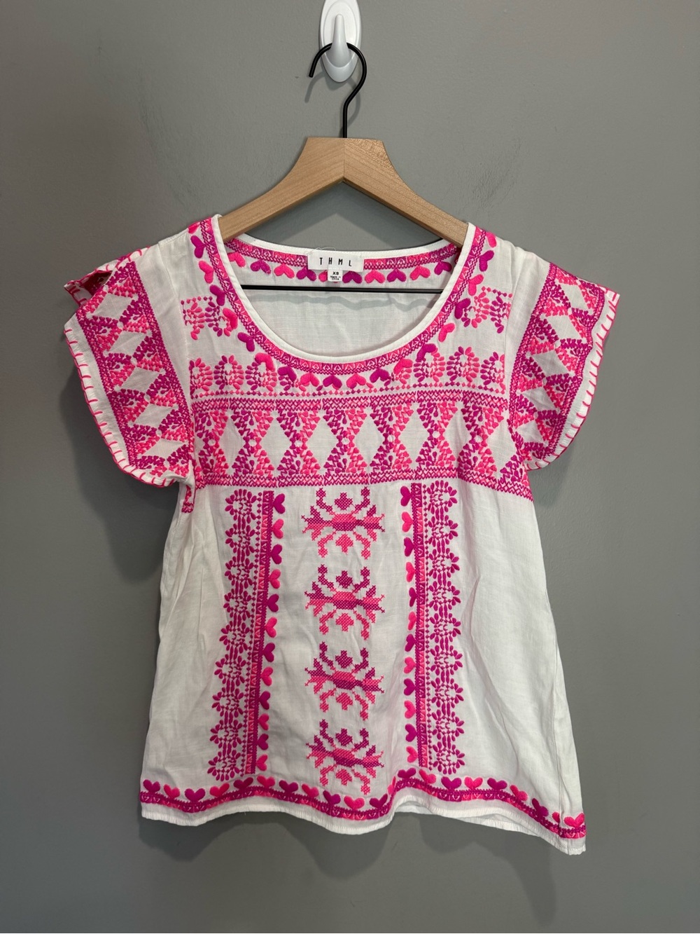 THML White Hot Pink Embroidered Flutter Sleeve Boho Blouse XS